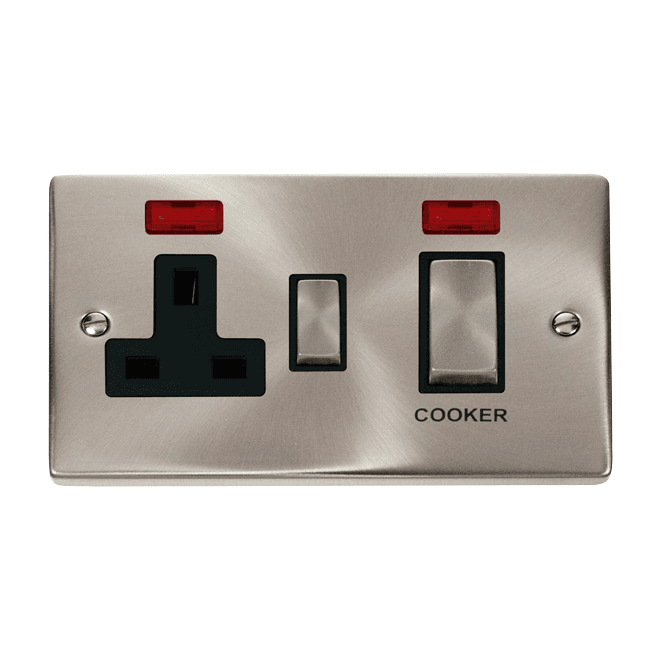 Click Switches and Sockets VPSC505BK Decorative 45A Ingot DP Cooker Switch with Neon and 13A Switched Socket with Black Insert in Satin Chrome