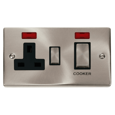 VPSC505BK Decorative 45A Ingot DP Cooker Switch with Neon and 13A Switched Socket with Black Insert in Satin Chrome
