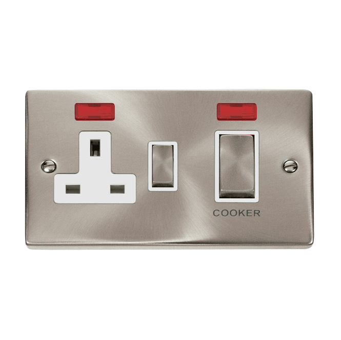 Click Switches and Sockets VPSC505WH Decorative 45A Ingot DP Cooker Switch with Neon and 13A Switched Socket with White Insert in Satin Chrome