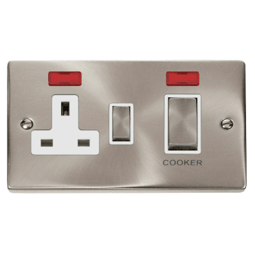 VPSC505WH Decorative 45A Ingot DP Cooker Switch with Neon and 13A Switched Socket with White Insert in Satin Chrome