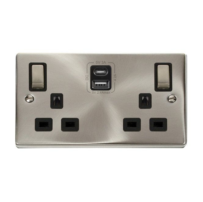 Click Switches and Sockets VPSC586BK Decorative Double Ingot Switched Socket with Dual USB SLOTS (4.2A) A+C with Black Inserts in Satin Chrome