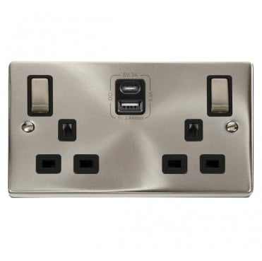 VPSC586BK Decorative Double Ingot Switched Socket with Dual USB SLOTS (4.2A) A+C with Black Inserts in Satin Chrome