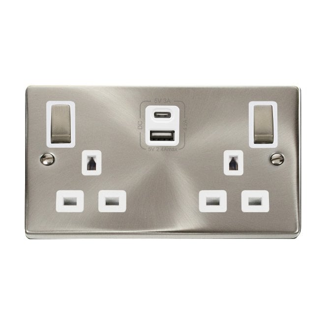 Click Switches and Sockets VPSC586WH Decorative Double Ingot Switched Socket with Dual USB SLOTS (4.2A) A+C with White Inserts in Satin Chrome