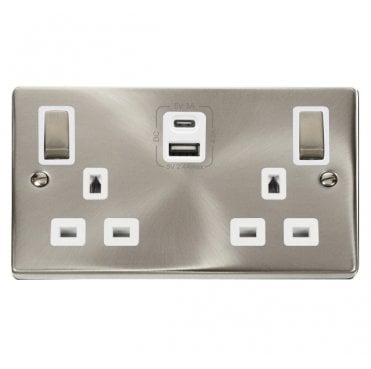 VPSC586WH Decorative Double Ingot Switched Socket with Dual USB SLOTS (4.2A) A+C with White Inserts in Satin Chrome