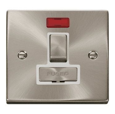 VPSC752WH Decorative 13a Ingot Switched Fused Spur with Neon with White Insert in Satin Chrome