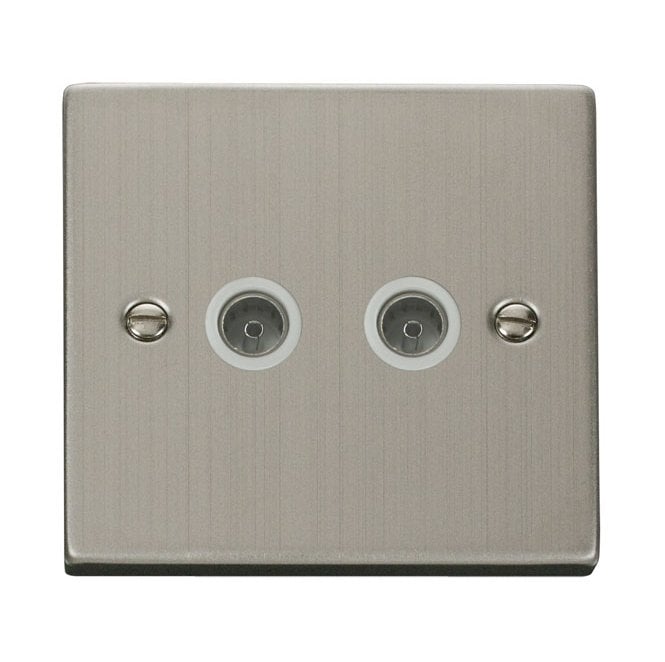 Click Switches and Sockets VPSS066WH Decorative Twin Coaxial Outlet with White Insert in Stainless Steel