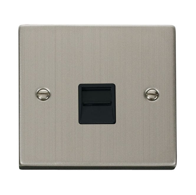 Click Switches and Sockets VPSS120BK Decorative Single Telephone Master Outlet with Black Insert in Stainless Steel