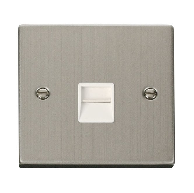 Click Switches and Sockets VPSS120WH Decorative Single Telephone Master Outlet with White Insert in Stainless Steel
