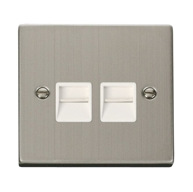 Click Switches and Sockets VPSS121WH Decorative Twin Telephone Master Outlet with White Insert in Stainless Steel