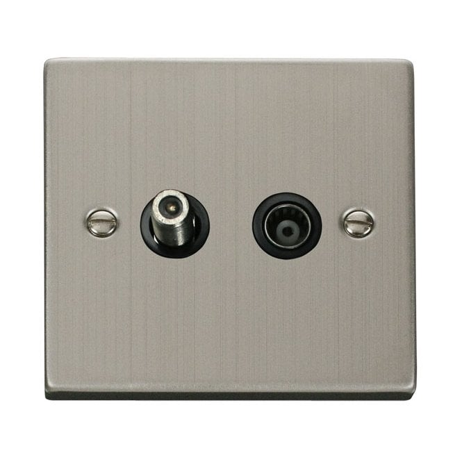 Click Switches and Sockets VPSS157BK Decorative Isolated Satellite and Isolated Coaxial Outlet with Black Insert in Stainless Steel