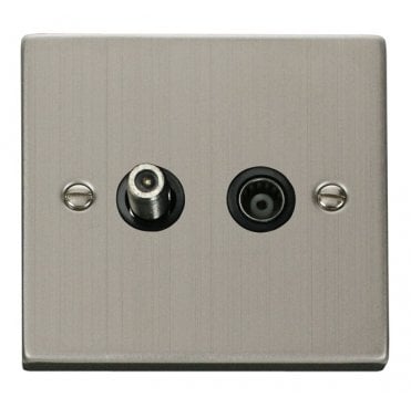 VPSS157BK Decorative Isolated Satellite and Isolated Coaxial Outlet with Black Insert in Stainless Steel