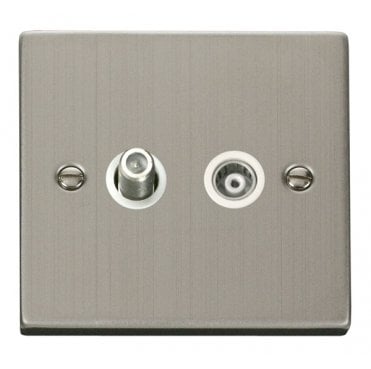 VPSS157WH Decorative Isolated Satellite and Isolated Coaxial Outlet with White Insert in Stainless Steel