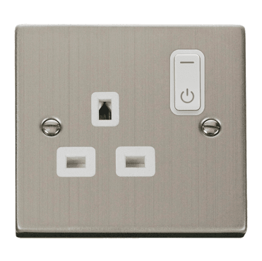 VPSS30535WH Decorative Single Ingot Smart Switched Socket with White Insert in Stainless Steel