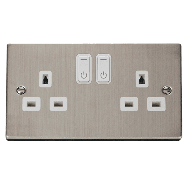 VPSS30536WH Decorative Double Ingot Smart Switched Socket with White Insert in Stainless Steel