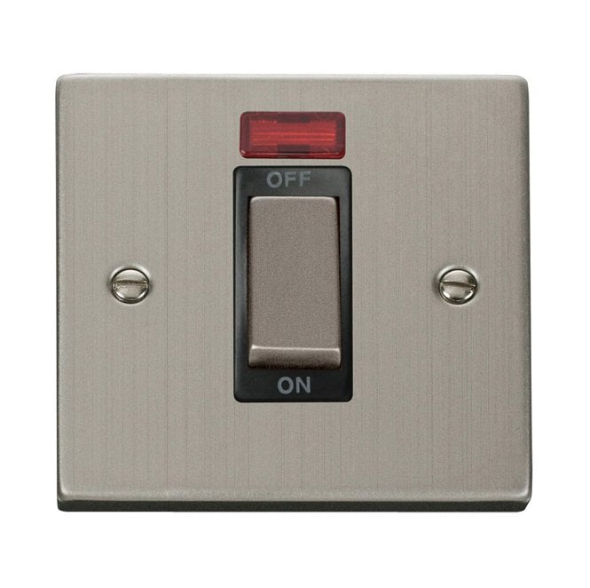 Click Switches and Sockets VPSS501BK Decorative 45A Ingot 1G DP Switch with Neon with Black Insert in Stainless Steel