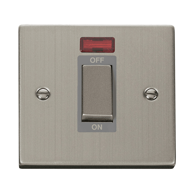 Click Switches and Sockets VPSS501GY Decorative 45A Ingot 1G DP Switch with Neon with Grey Insert in Stainless Steel