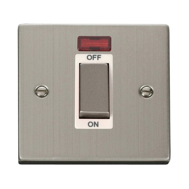 Click Switches and Sockets VPSS501WH Decorative 45A Ingot 1G DP Switch with Neon with White Insert in Stainless Steel