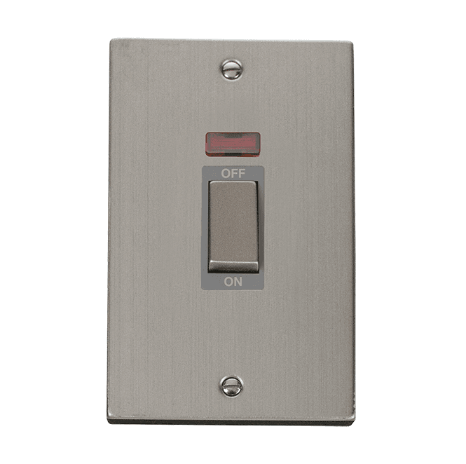 Click Switches and Sockets VPSS503GY Decorative 45A Ingot 2G DP Switch with Neon with Grey Insert in Stainless Steel