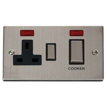 VPSS505BK Decorative 45A Ingot DP Cooker Switch with Neons and 13A Switched Socket with Black Insert in Stainless Steel