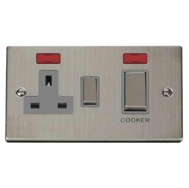 VPSS505GY Decorative 45A Ingot DP Cooker Switch with Neons and 13A Switched Socket with Grey Insert in Stainless Steel