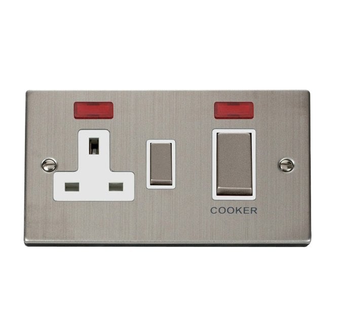 Click Switches and Sockets VPSS505WH Decorative 45A Ingot DP Cooker Switch with Neons and 13A Switched Socket with White Insert in Stainless Steel