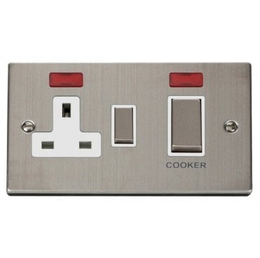 VPSS505WH Decorative 45A Ingot DP Cooker Switch with Neons and 13A Switched Socket with White Insert in Stainless Steel