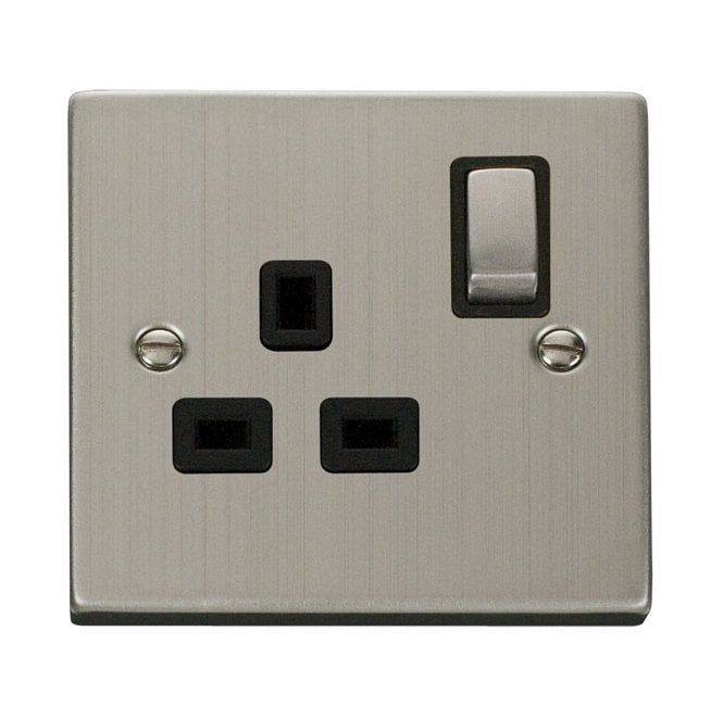 Click Switches and Sockets VPSS535BK Decorative Single Ingot Switched Socket with Black Insert in Stainless Steel