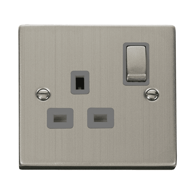 Click Switches and Sockets VPSS535GY Decorative Single Ingot Switched Socket with Grey Insert in Stainless Steel