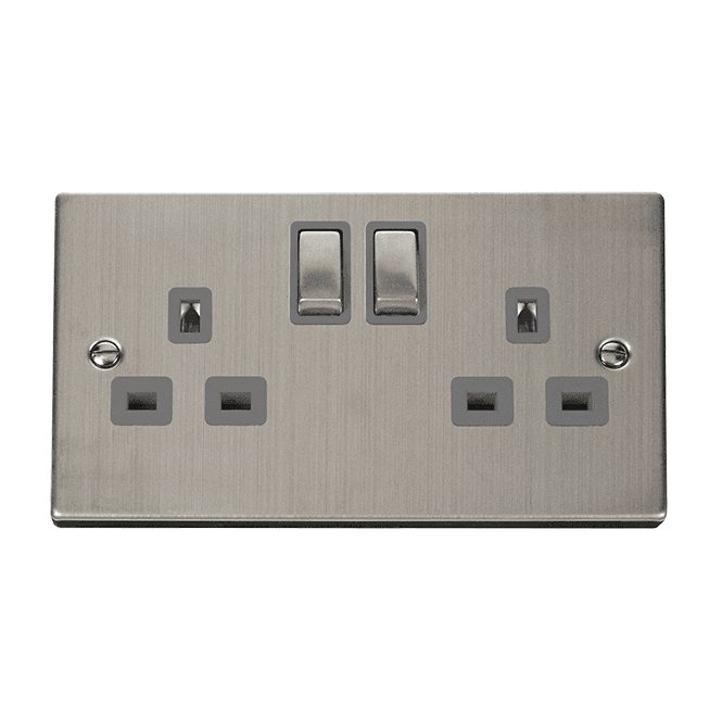 Click Switches and Sockets VPSS536GY Decorative Double Ingot Switched Socket with Grey Insert in Stainless Steel