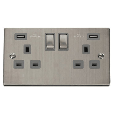 VPSS580GY Decorative Double Ingot Switched Socket with Dual USB Slots (4.2A) with Grey Insert in Stainless Steel