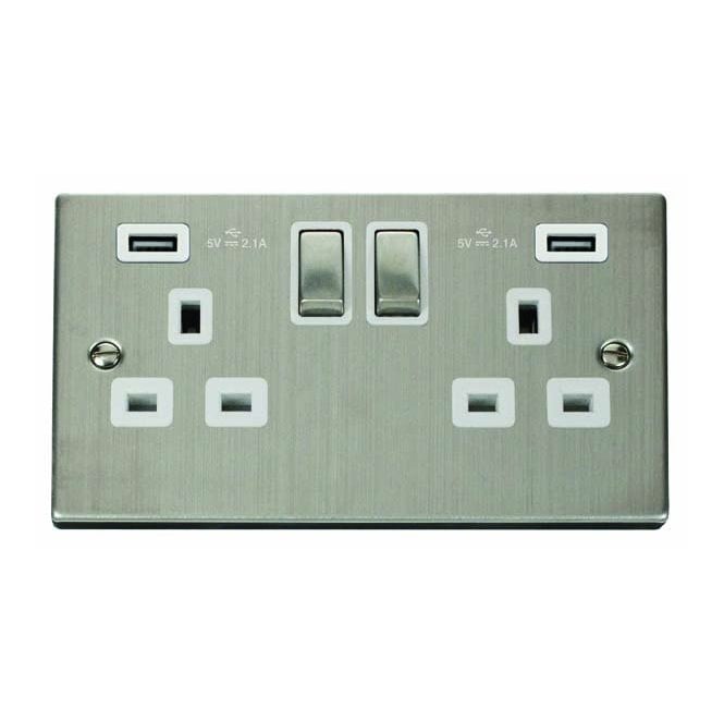 Click Switches and Sockets VPSS580WH Decorative Double Ingot Switched Socket with Dual USB Slots (4.2A) with White Insert in Stainless Steel