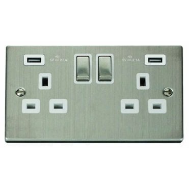 VPSS580WH Decorative Double Ingot Switched Socket with Dual USB Slots (4.2A) with White Insert in Stainless Steel