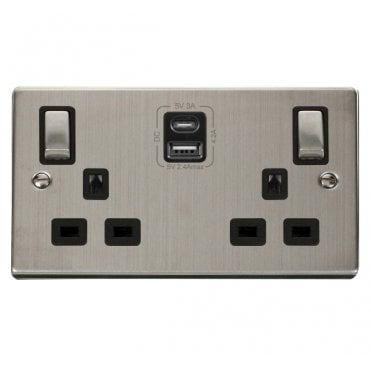 VPSS586BK Decorative Double Ingot Switched Socket with Dual USB SLOTS (4.2A) A+C with Black Inserts in Stainless Steel