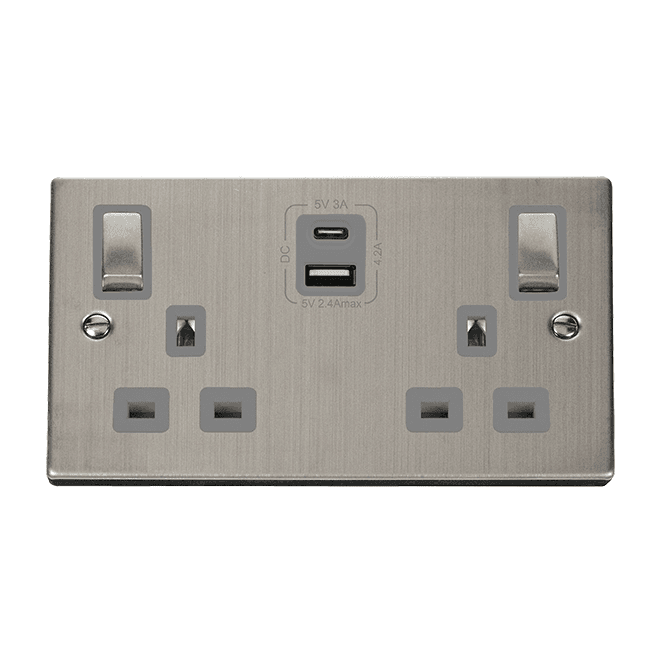 Click Switches and Sockets VPSS586GY Decorative Double Ingot Switched Socket with Dual USB SLOTS (4.2A) A+C with Grey Inserts in Stainless Steel