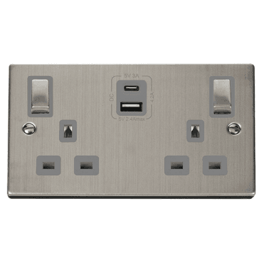 VPSS586GY Decorative Double Ingot Switched Socket with Dual USB SLOTS (4.2A) A+C with Grey Inserts in Stainless Steel