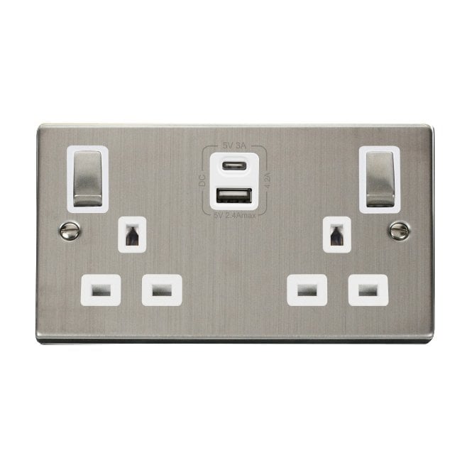 Click Switches and Sockets VPSS586WH Decorative Double Ingot Switched Socket with Dual USB SLOTS (4.2A) A+C with White Inserts in Stainless Steel