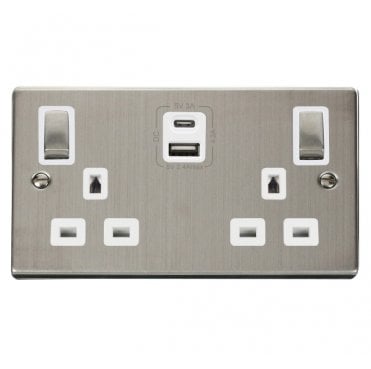 VPSS586WH Decorative Double Ingot Switched Socket with Dual USB SLOTS (4.2A) A+C with White Inserts in Stainless Steel