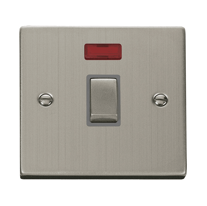 Click Switches and Sockets VPSS723GY Decorative 20A Ingot 1G DP Switch with Neon with Grey Insert in Stainless Steel