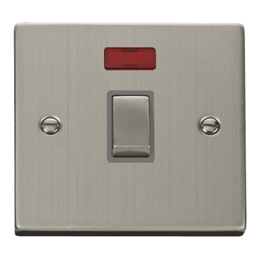 VPSS723GY Decorative 20A Ingot 1G DP Switch with Neon with Grey Insert in Stainless Steel