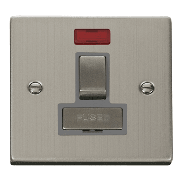 VPSS752GY Decorative 13a Ingot Switched Fused Spur with Neon with Grey Insert in Stainless Steel