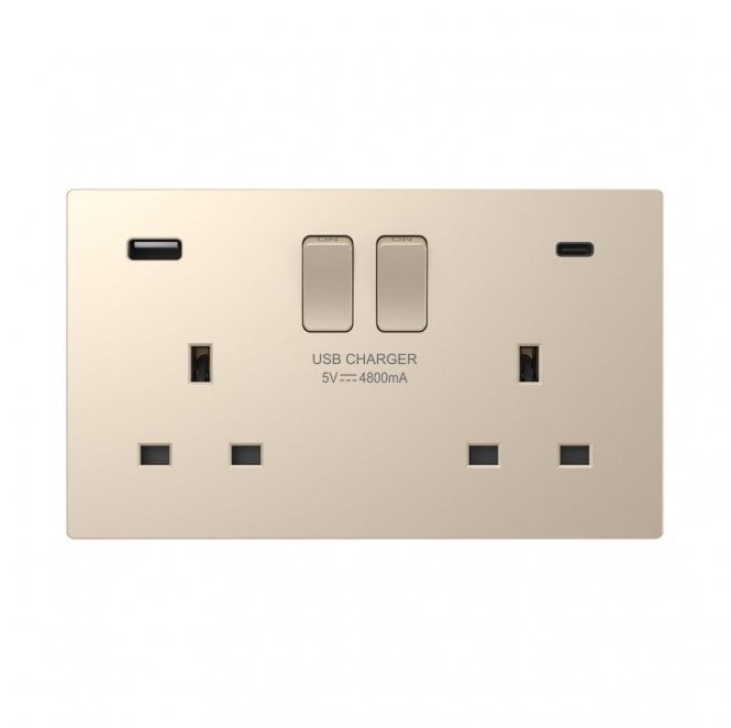 Dekken Switches and Sockets DE046CGS Screwless Double Switched Socket with Dual USB Ports A+C (3.1A) in Champagne Gold