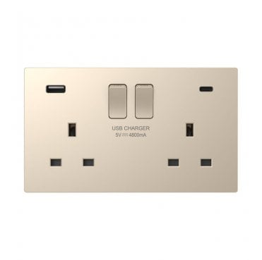 DE046CGS Screwless Double Switched Socket with Dual USB Ports A+C (3.1A) in Champagne Gold