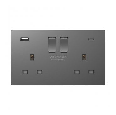 DE046SGS Screwless Double Switched Socket with Dual USB Ports A+C (3.1A) in Shadow Grey