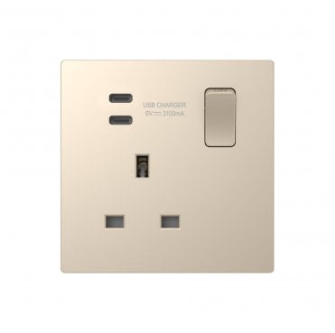 DE086SGS Screwless Single Switched Socket with Dual USB-C (15.5W 3.1A) in Champagne Gold