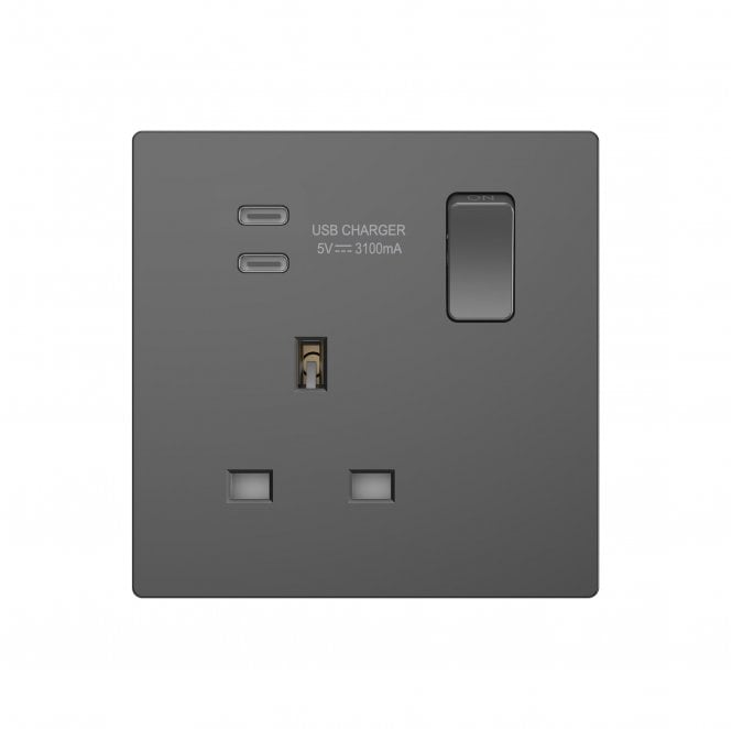 Dekken Switches and Sockets DE086SGS Screwless Single Switched Socket with Dual USB-C (15.5W 3.1A) in Shadow Grey