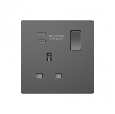 DE086SGS Screwless Single Switched Socket with Dual USB-C (15.5W 3.1A) in Shadow Grey