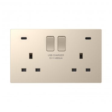 DE087CGS Screwless Double Switched Socket with Dual USB-C Ports C+C (24w 4.8a) in Champagne Gold