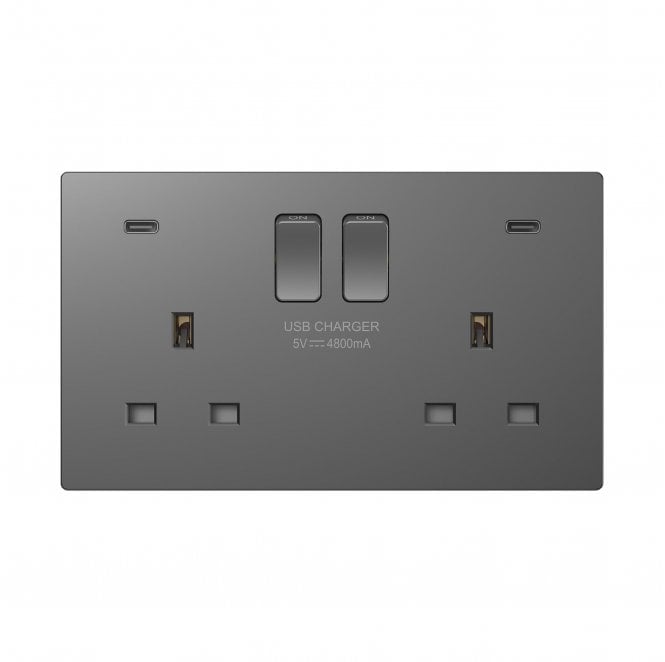 Dekken Switches and Sockets DE087SGS Screwless Double Switched Socket with Dual USB-C Ports C+C (24w 4.8a) in Shadow Grey
