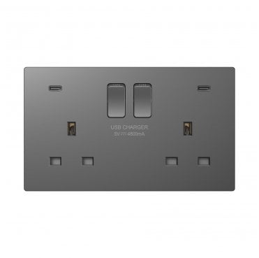 DE087SGS Screwless Double Switched Socket with Dual USB-C Ports C+C (24w 4.8a) in Shadow Grey