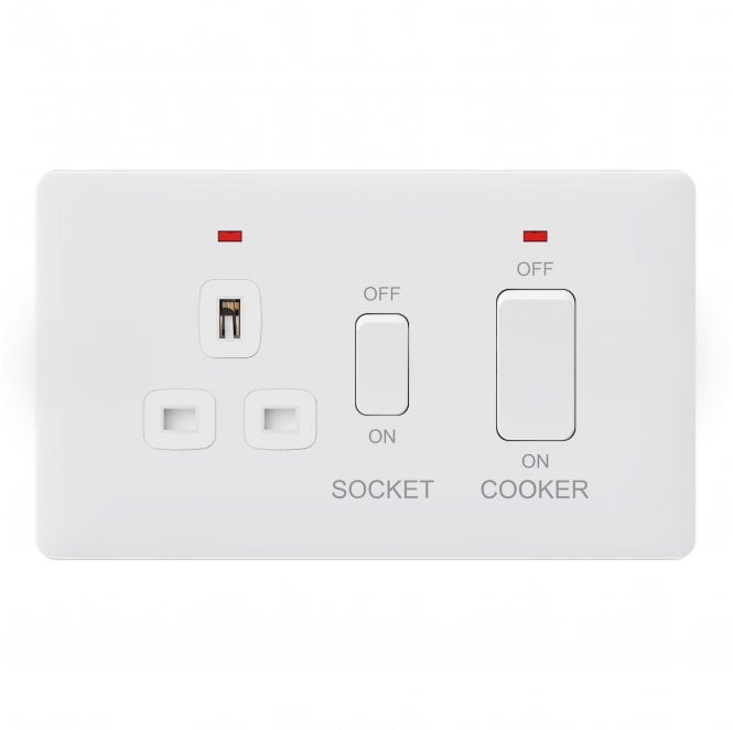 Dekken Switches and Sockets SL029MW Screwless 45A DP Cooker Switch with Neon and 13A Switched Socket in Matt White